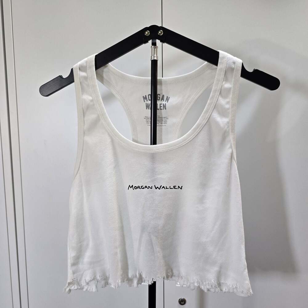 Morgan Wallen Women's White Racerback Raw Hem Crop Tank Top